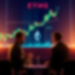 A group of people discussing Ethereum staking options with a chart showing ETH values in the background