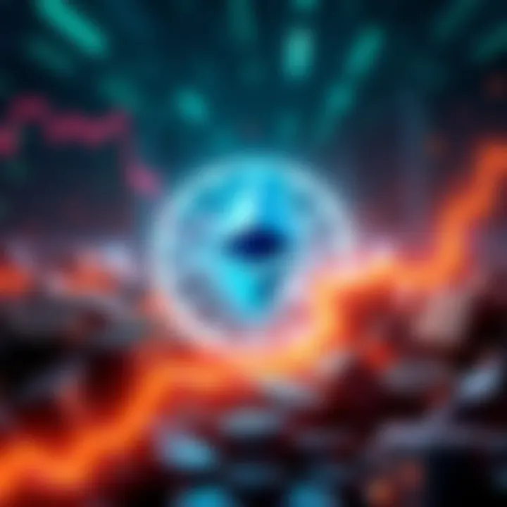 Illustration showing a blockchain graphic with Ethereum logos and decreasing exchange reserves, symbolizing a supply squeeze in the market.