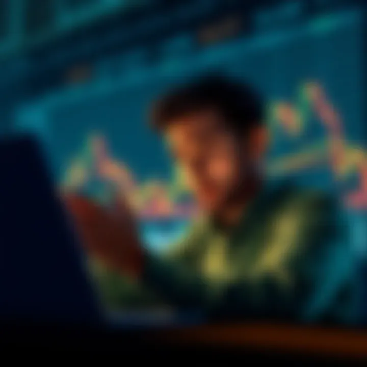 A person looking frustrated while checking their cryptocurrency portfolio on a laptop, with a chart showing losses in the background.