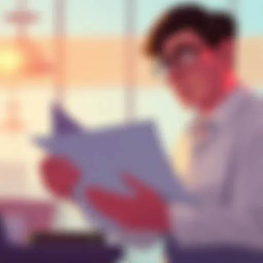Illustration showing a person analyzing documents with a concerned expression, representing ethical issues in various sectors.