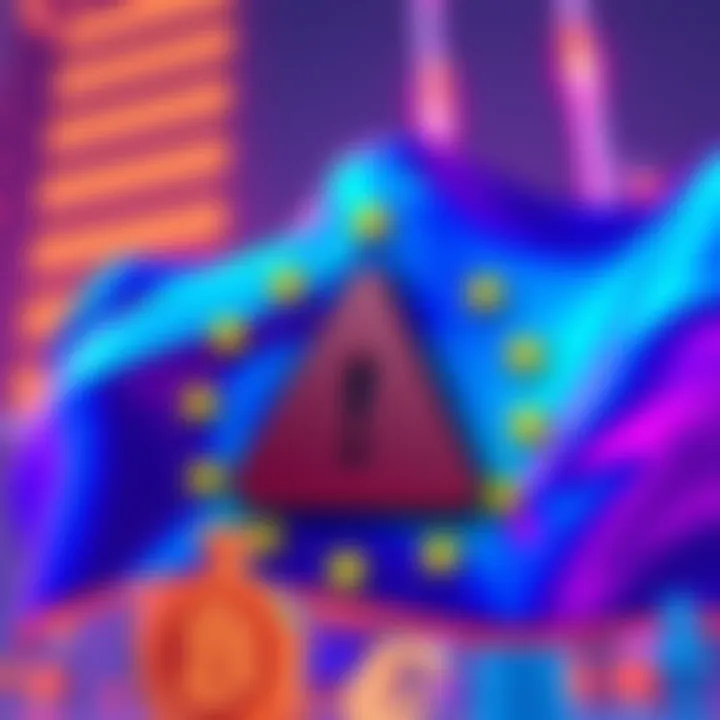 Illustration showing EU flag and digital currency symbols with a warning sign for privacy concerns