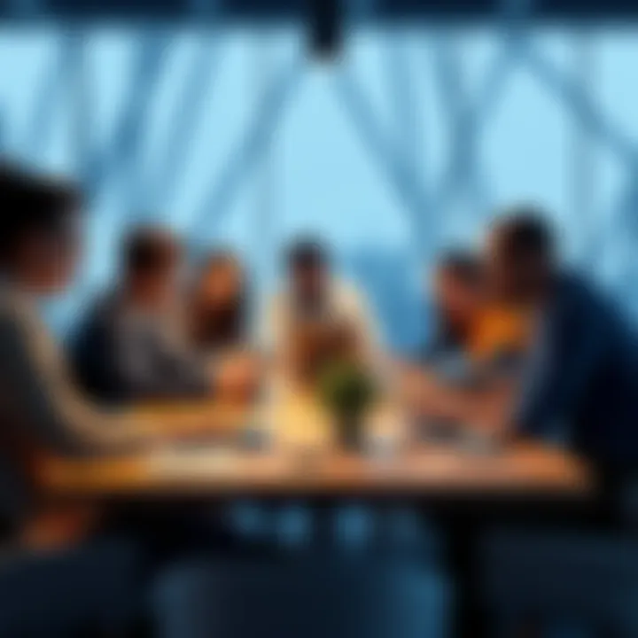 A group of diverse individuals collaborating around a table with laptops, discussing blockchain project ideas, representing innovation in the third cohort of the European Blockchain Sandbox.