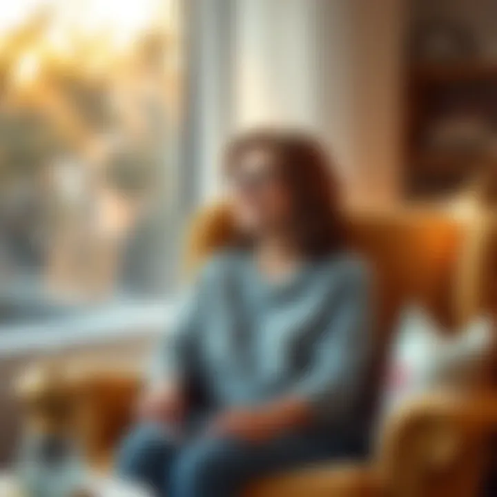 Eva sitting in a cozy chair, looking thoughtfully out the window with a warm smile, surrounded by personal mementos that reflect her life experiences.