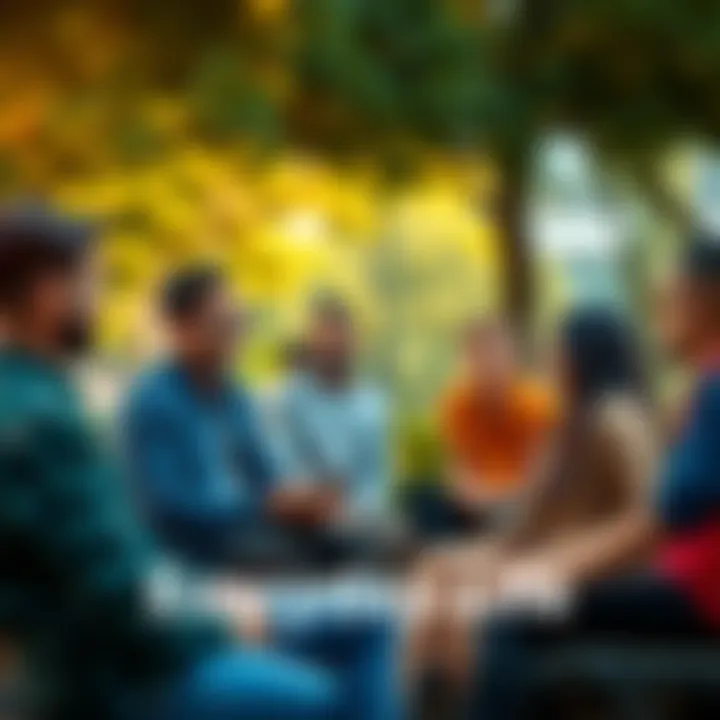 A group of diverse people chatting casually in a park, reflecting modern social dynamics with relaxed expressions.