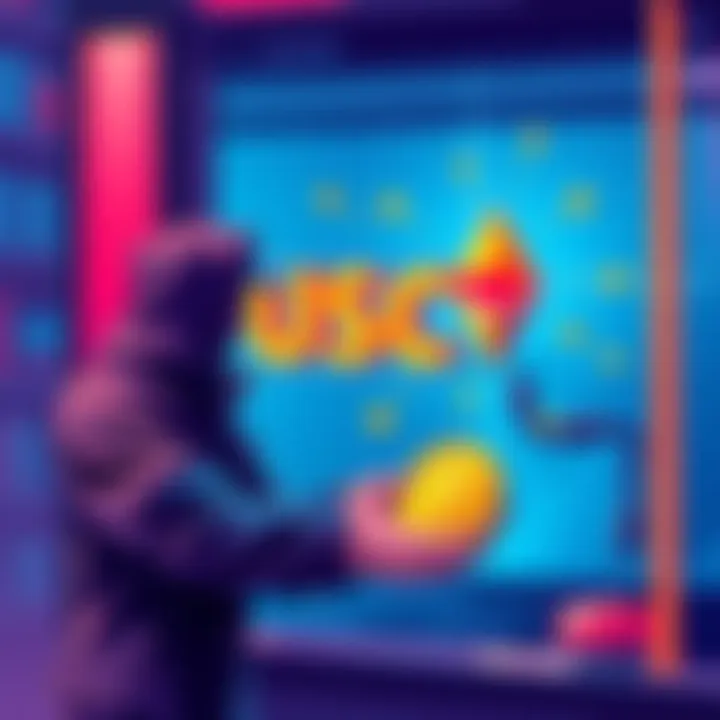 Illustration of a person exchanging USDC for ETH on a digital platform with low fees