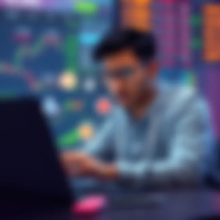 A person looking confused while comparing different cryptocurrency exchange platforms on a laptop, with various charts and logos on the screen.