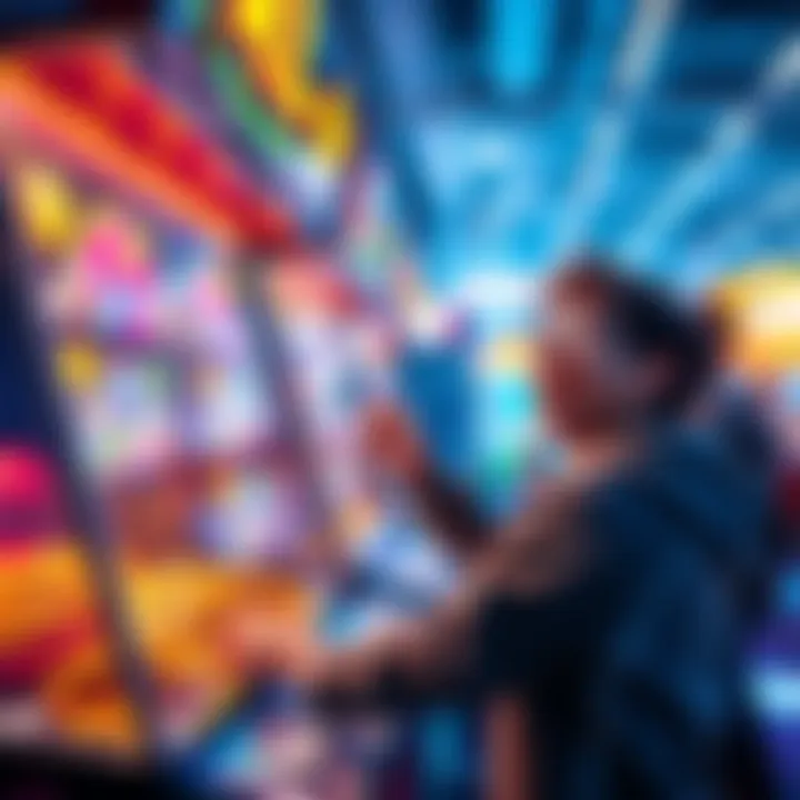 A player joyfully collecting rewards from a bright arcade game, showcasing boosted rewards, with colorful lights and coins overflowing.