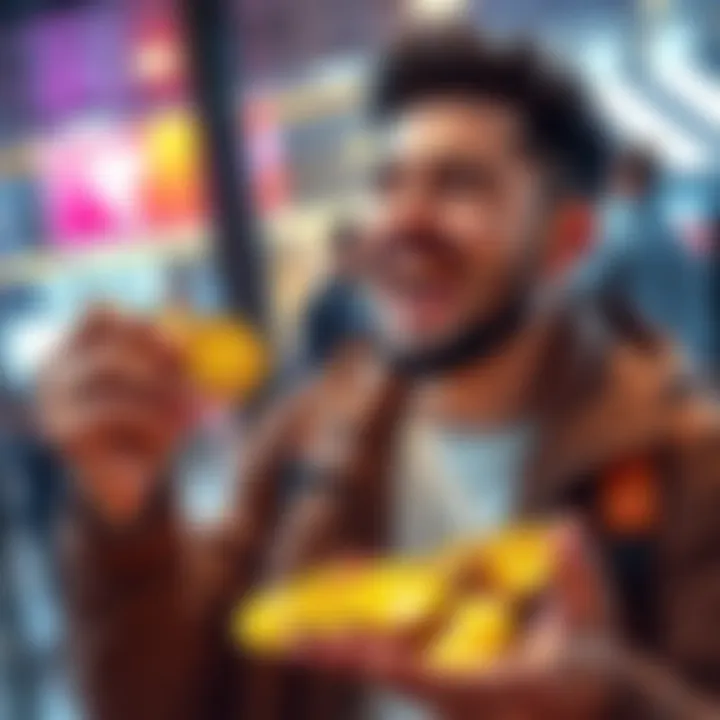 A happy cryptocurrency enthusiast holding FETCH tokens, looking excited about future investments and market growth.