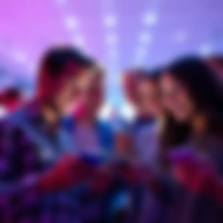 A diverse group of people looking at their phones with excitement, discussing upcoming Pi rewards, with a bright background symbolizing anticipation.