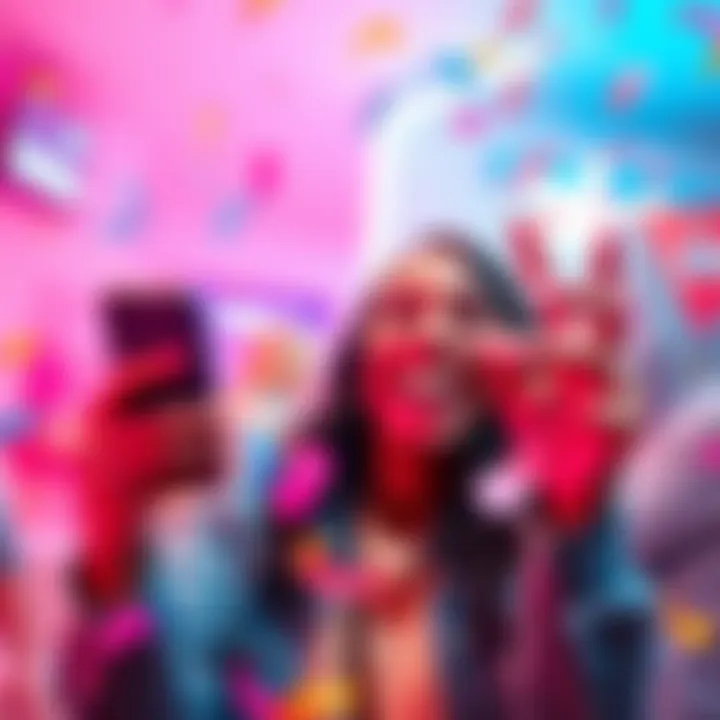 A joyful person with a big smile holding a phone, ready to share exciting news with friends, surrounded by bright colors and confetti.