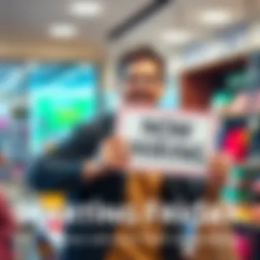 A happy individual holding a 'Now Hiring' sign, symbolizing a new job opportunity, with a background of a retail store