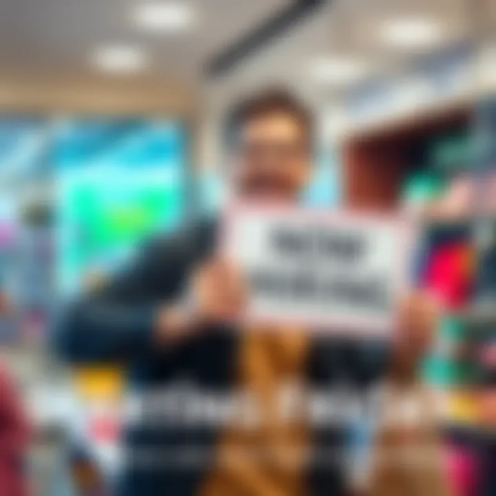 Excited person starting a new job A happy individual holding a 'Now Hiring' sign, symbolizing a new job opportunity, with a background of a retail store