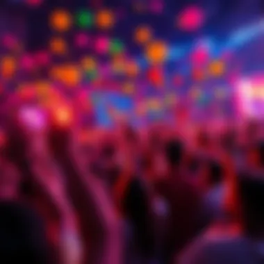 A vibrant crowd cheering with excitement for an upcoming major event, colorful balloons in the air