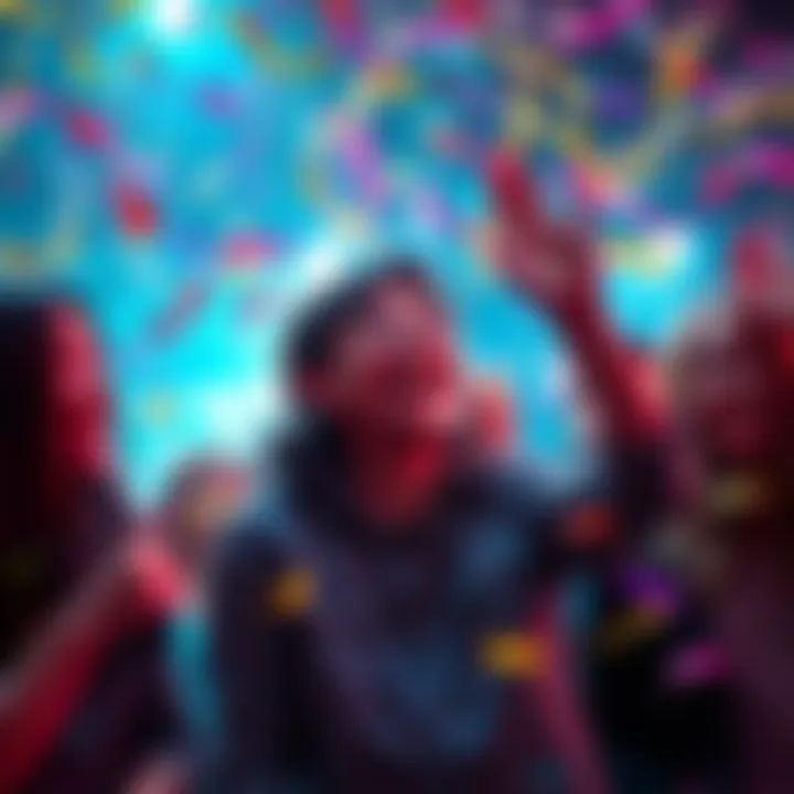 A person joyfully sharing exciting news with others, surrounded by colorful confetti and smiles.