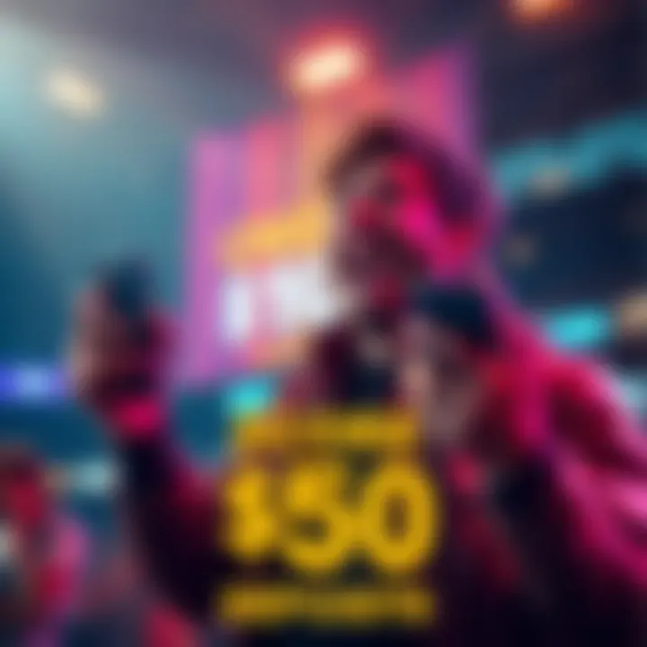 A person celebrating after receiving betting credits on their phone, with a promotional banner showcasing a $10 deposit for $50 in credits in the background.