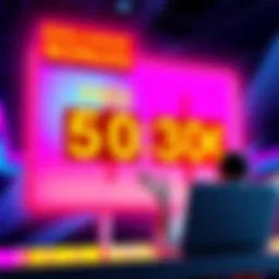 A vibrant graphic showing a big sign that reads 'Free 50€ plus 30€' with a countdown timer and a person excitedly signing up on a laptop.