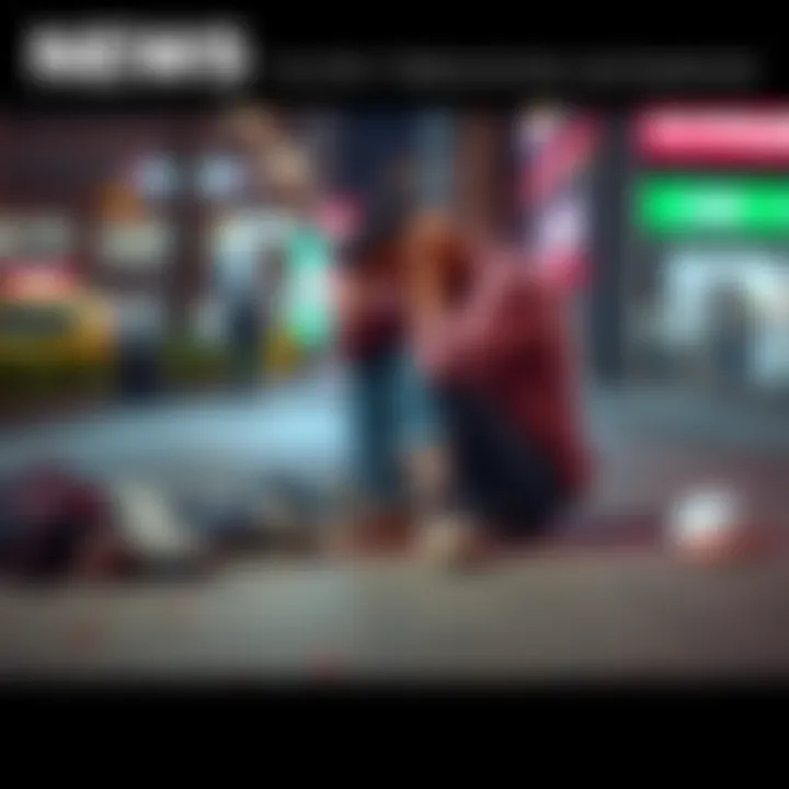 A tired individual sitting on the sidewalk, head resting on their knees, surrounded by scattered belongings, showing signs of a difficult day.