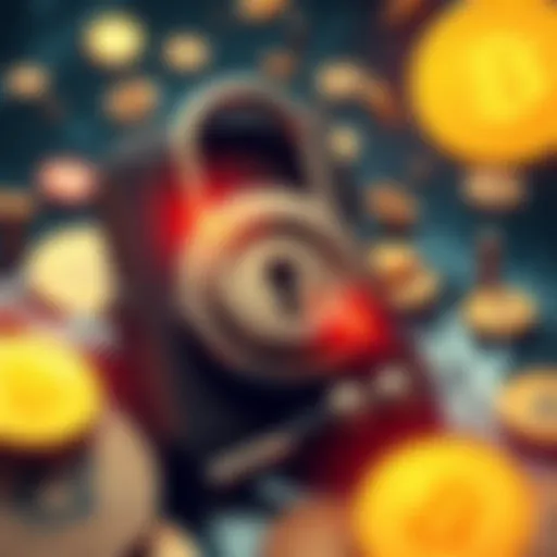 A graphic showing a digital wallet with a lock, representing the hack of an Exodus wallet where cryptocurrencies were lost. Currency symbols are scattered around, symbolizing the lost funds.