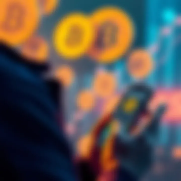 A person examining the Exodus wallet app on their phone with Bitcoin symbols in the background, reflecting on a financial decision.