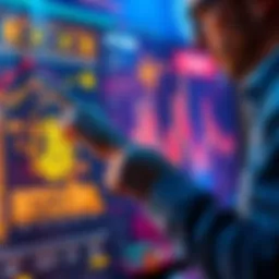 A person pointing at a digital chart with Bitcoin and blockchain symbols, illustrating cryptocurrency concepts to a friend.