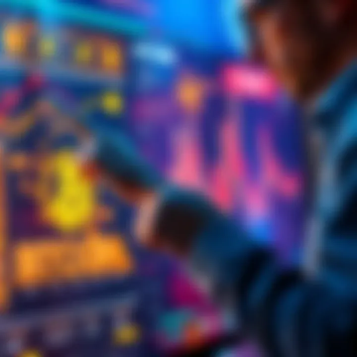 A person pointing at a digital chart with Bitcoin and blockchain symbols, illustrating cryptocurrency concepts to a friend.