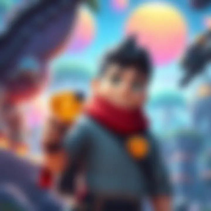 A character in an exploration game proudly displaying earned badges in a vibrant game world