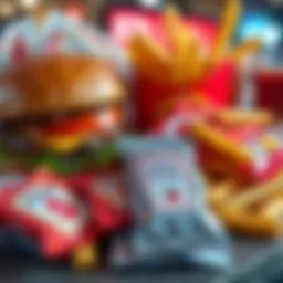 A pile of ketchup packets next to a fast food hamburger and fries