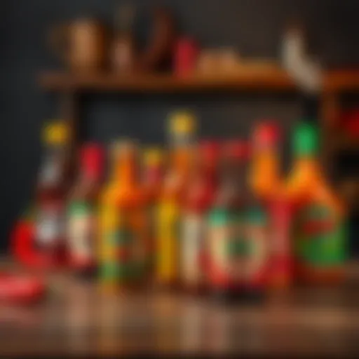 A selection of colorful chili sauce bottles on a wooden table, showcasing various flavors and spice levels.