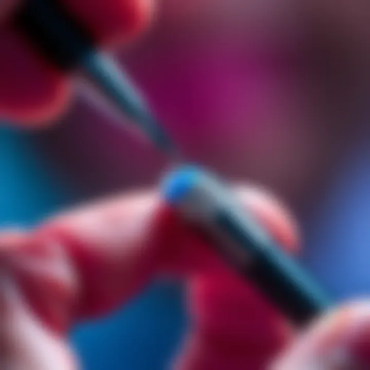 A close-up of a person using a needle to extract ink from a Reta pen cartridge, showing the pen cartridge and needle clearly