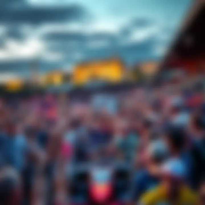 Crowd of fans cheering with the London skyline in the background during the Formula 1 British Grand Prix