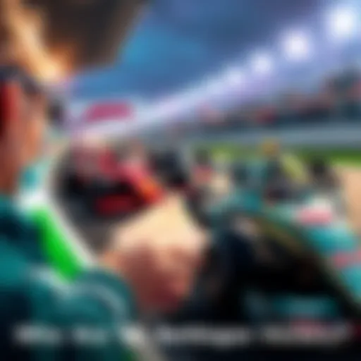 F1 cars racing on track with a fan holding a betting slip, showing excitement for the race