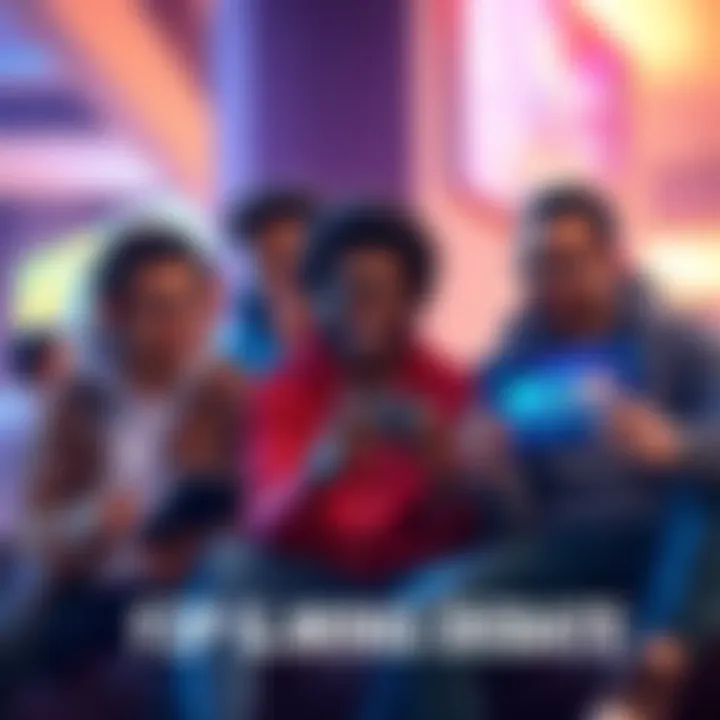 A group of diverse gamers discussing the concept of free-to-play gaming, with one holding a game controller and another pointing to a screen showing in-game purchases.