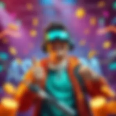 A happy player celebrating their first dollar earned in a virtual game, surrounded by digital plots and achievements
