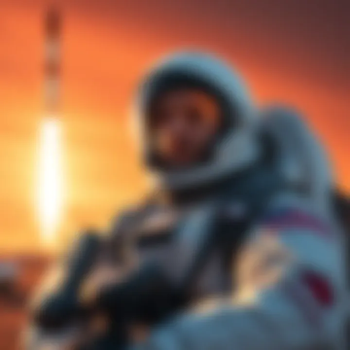 F2Pool founder in a space suit overseeing SpaceX's Mars mission with a rocket in the background