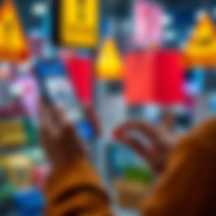 A person examining a smartphone displaying items for sale on Facebook Marketplace, with caution signs visible in the background to represent potential risks.