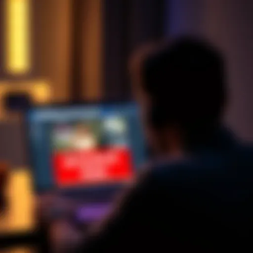 A person looking at a laptop screen showing a suspicious online shop on Facebook with red warning signs