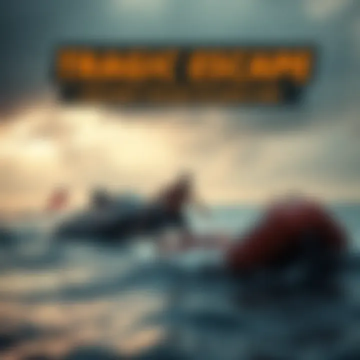 A man struggles in the water beside a life raft that is drifting away, highlighting the urgency of his situation