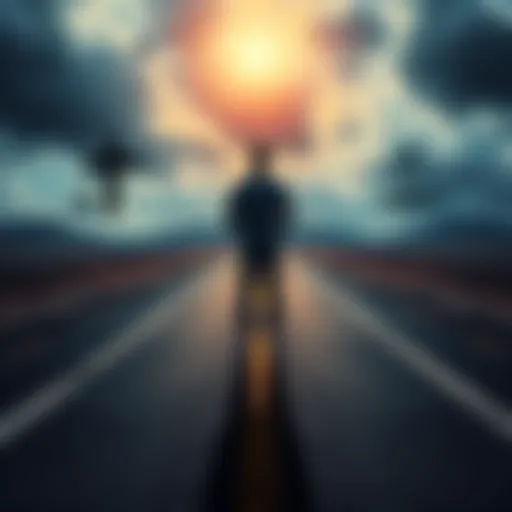A person standing at a crossroads, one path marked with symbols of faith and the other with symbols of science and law, representing the choice between faith and evidence-based decisions.
