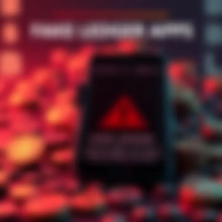 A smartphone displaying a fake ledger app with a warning sign and cryptocurrency icons around it