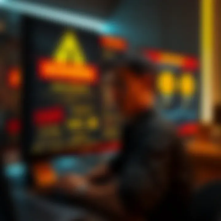 A worried investor looking at a computer screen displaying fake Bitcoin offers and warning signs