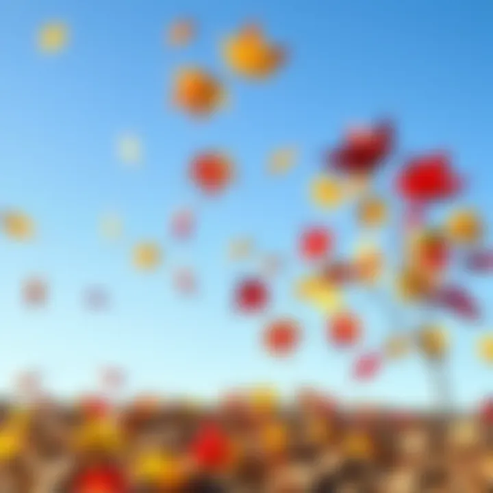 Colorful autumn leaves scattered on the ground with a clear blue sky in the background