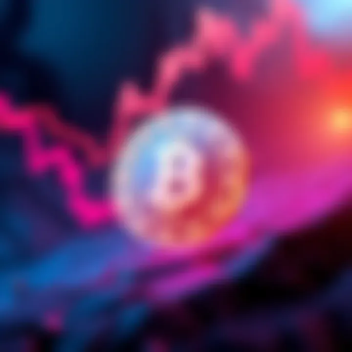 A digital coin symbol representing Kaspa on a downward trend, symbolizing market discussion about dropping prices for better accumulation.