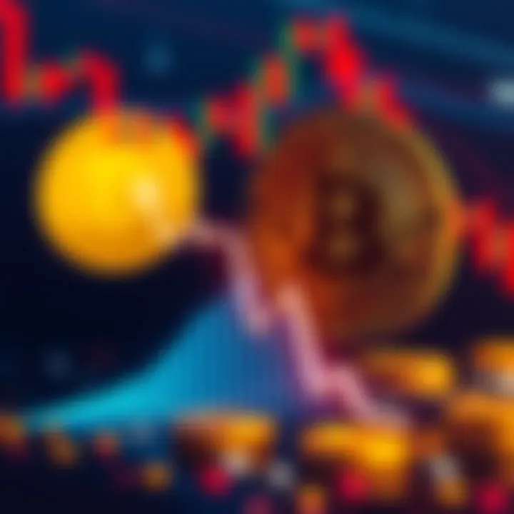 A graphic showing a downward trend in Bitcoin prices with a Bitcoin logo and a stock market chart in the background.
