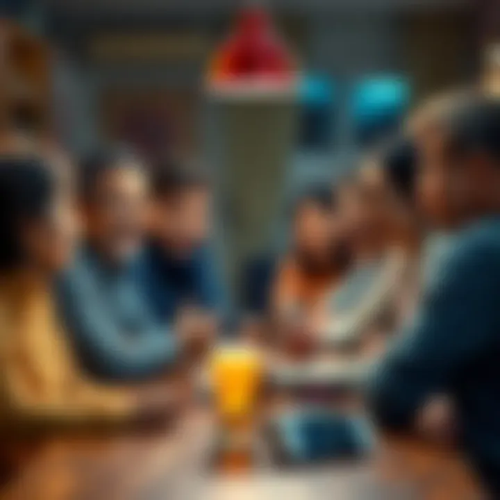 A family gathered around a table, sharing thoughts and reactions about Kaspa, showing expressions of curiosity and skepticism.