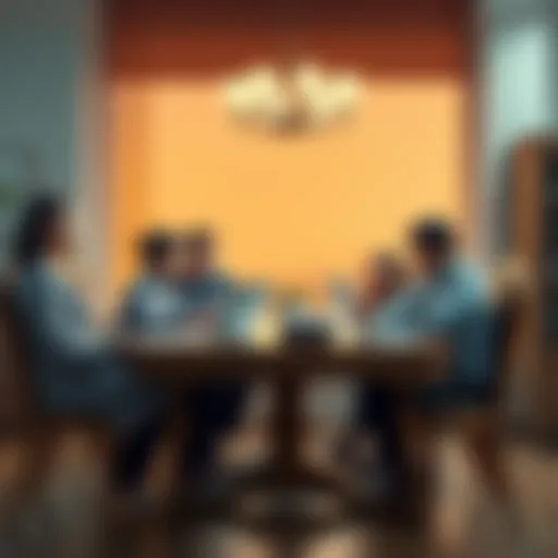 A family of five sitting at a dining table, looking at tax documents and discussing their financial situation in Illinois, expressing concern over high state taxes.