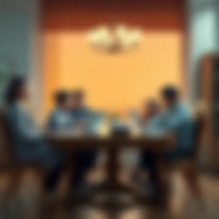 Family Discussing Taxes in Illinois A family of five sitting at a dining table, looking at tax documents and discussing their financial situation in Illinois, expressing concern over high state taxes.