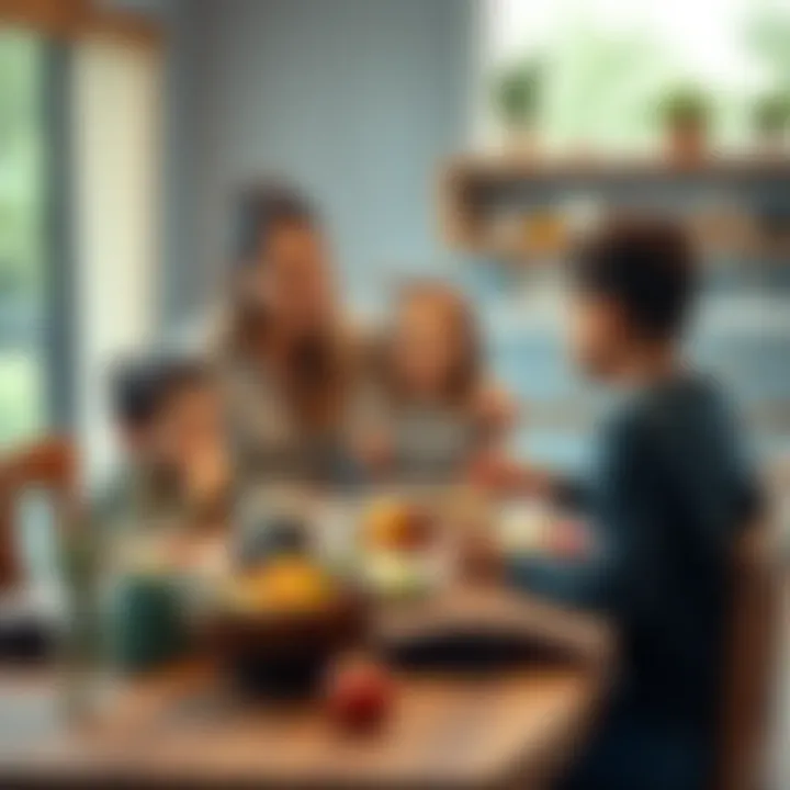 A stay-at-home mom with her kids sharing a healthy breakfast at the table, looking energized and happy, focusing on wellness and family time.