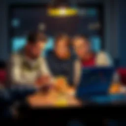 A family sitting around a table, discussing their investment in Bitcoin using their tax return, with a laptop displaying Bitcoin charts in front of them.