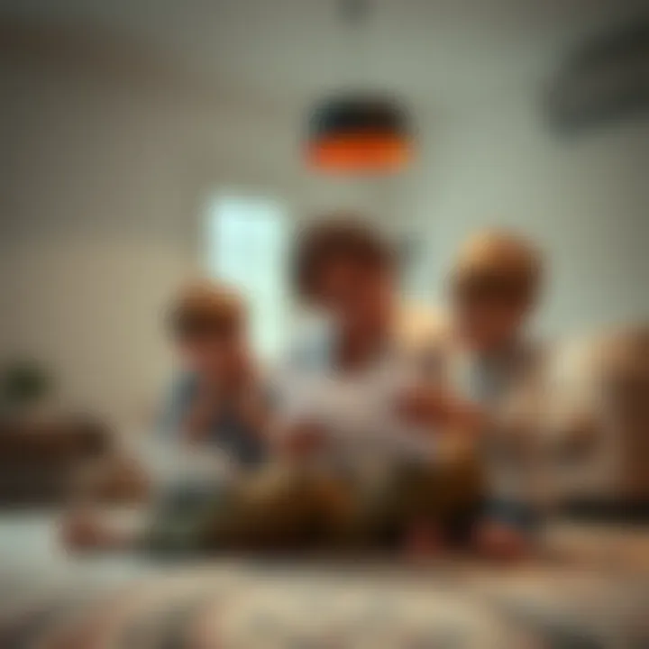 A worried couple with their young children looking at paperwork, expressing concern over delayed house sale funds from Revolut, with an empty living space in the background.