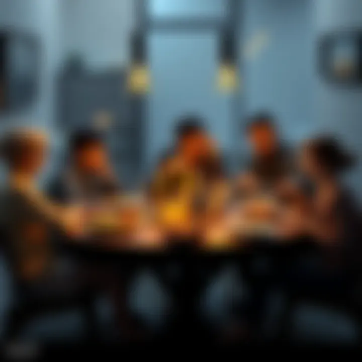 A family gathered around a dinner table, looking confused while discussing Bitcoin and crypto concepts, with food on the table.
